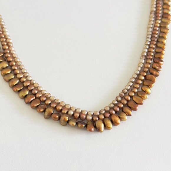 Vintage 14K Yellow Gold Triple Strand Genuine Brown Pearl Round Baroque Necklace - Picture 8 of 10